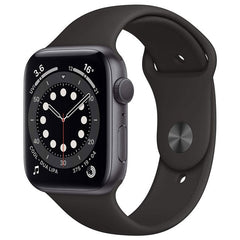 Apple Watch Series 6 44mm Cellular Titanium smartwatch with unlocked functionality, featuring a sleek titanium case and digital display.