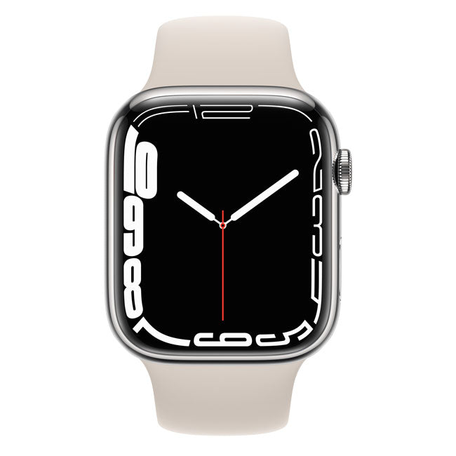 Refurbished Apple Watch Series 7 45mm Cellular stainless steel smartwatch, unlocked, with digital display and sleek design.