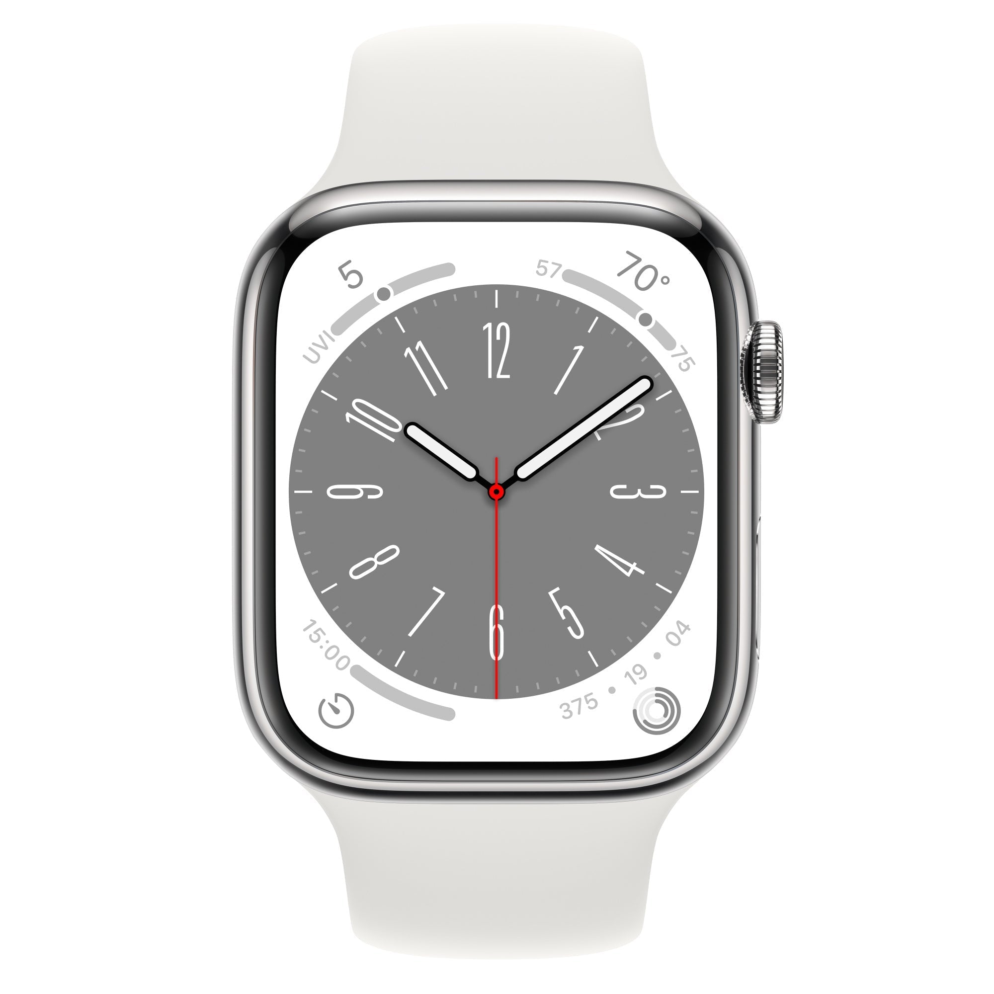 Refurbished Apple Watch Series 7 45mm cellular stainless steel smartwatch with unlocked feature, displayed on a white background.