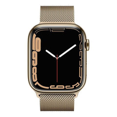 Refurbished Apple Watch Series 7 45mm cellular stainless steel smartwatch, unlocked, showing the sleek watch face and band.