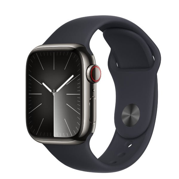 Apple Watch Series 9 41mm Cellular stainless steel smartwatch with a digital display and sleek design, unlocked for use.