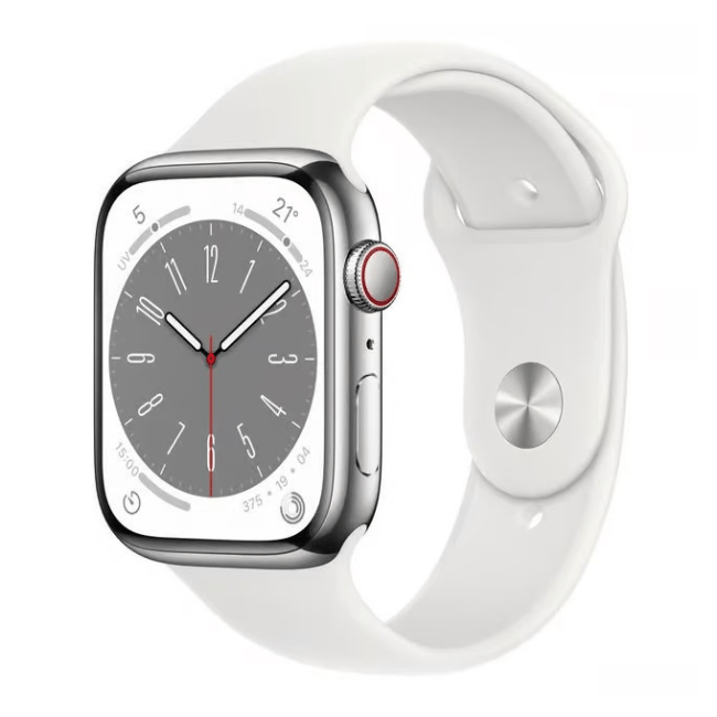 Apple Watch Series 9 41mm cellular stainless steel smartwatch with digital display and sleek design, unlocked for use.