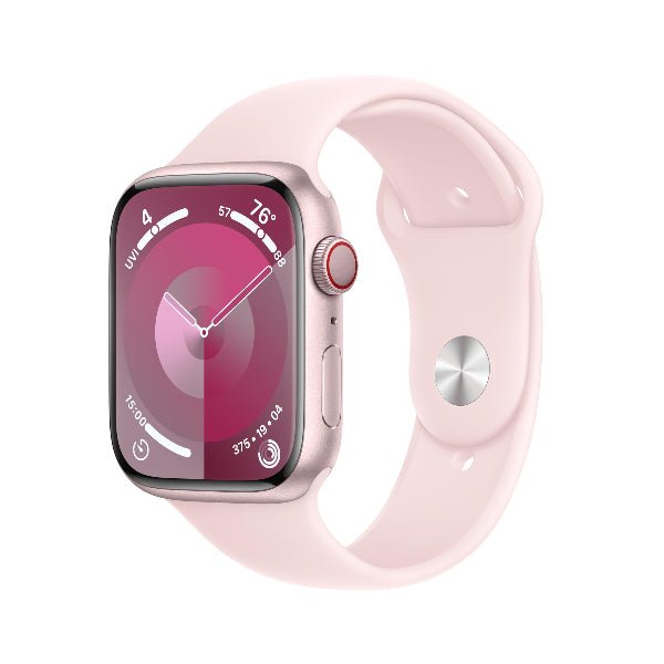RefurbPhone Apple Watch Series 9 45mm smartwatch with black band and digital display showing time and activity metrics.