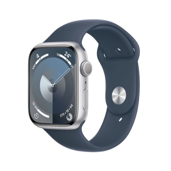 Refurbished Apple Watch Series 9 45mm smartwatch with sleek black band and digital display showing time and health metrics.