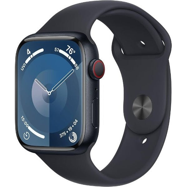 Apple Watch Series 9 45mm smartwatch with black band, displayed on a white background, showcasing its sleek design and digital display.