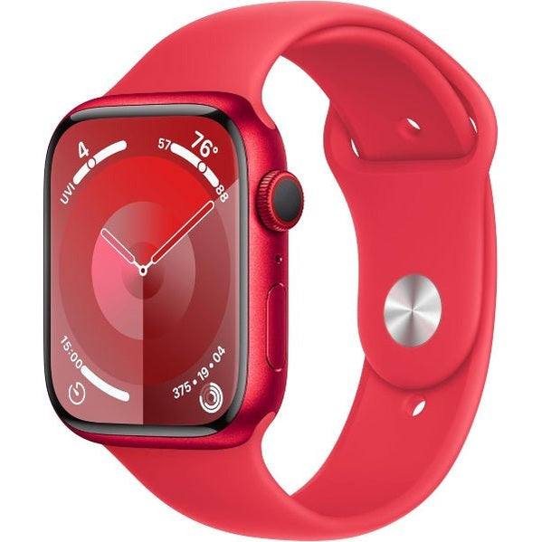 Refurbished Apple Watch Series 9 45mm smartwatch with black sport band, displayed on a white background.