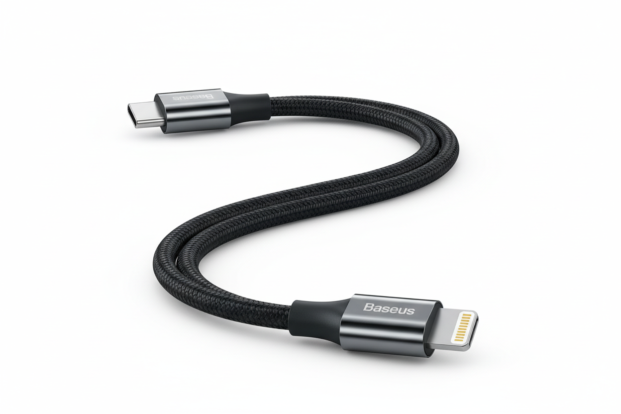 Baseus 20W PD USB-C to Lightning charging cable for iPhone and iPad, showing the cable connected to Apple devices.
