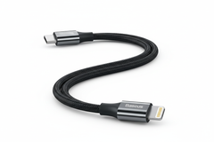 Baseus 20W PD USB-C to Lightning charging cable for iPhone and iPad, showing the cable connected to Apple devices.