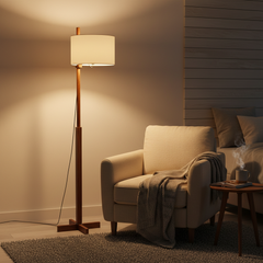 Modern Fabric Floor Lamp with Wooden Frame – Contemporary Living Room Light