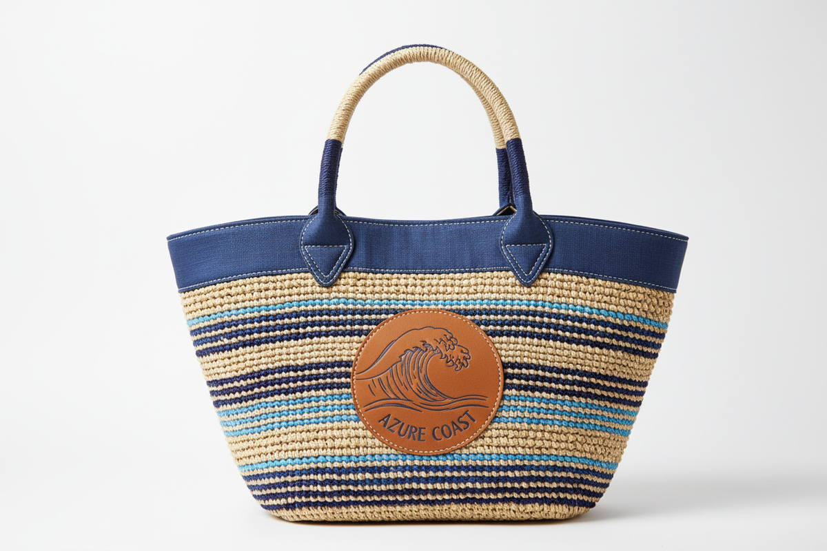 Blue bohemian beach straw tote bag for women by Adistore, featuring a spacious design and stylish luxury designer handbag style.