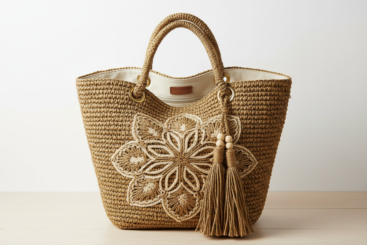 Khaki bohemian beach straw tote bag for women by Adistore, luxury designer handbag with woven straw design and spacious interior.
