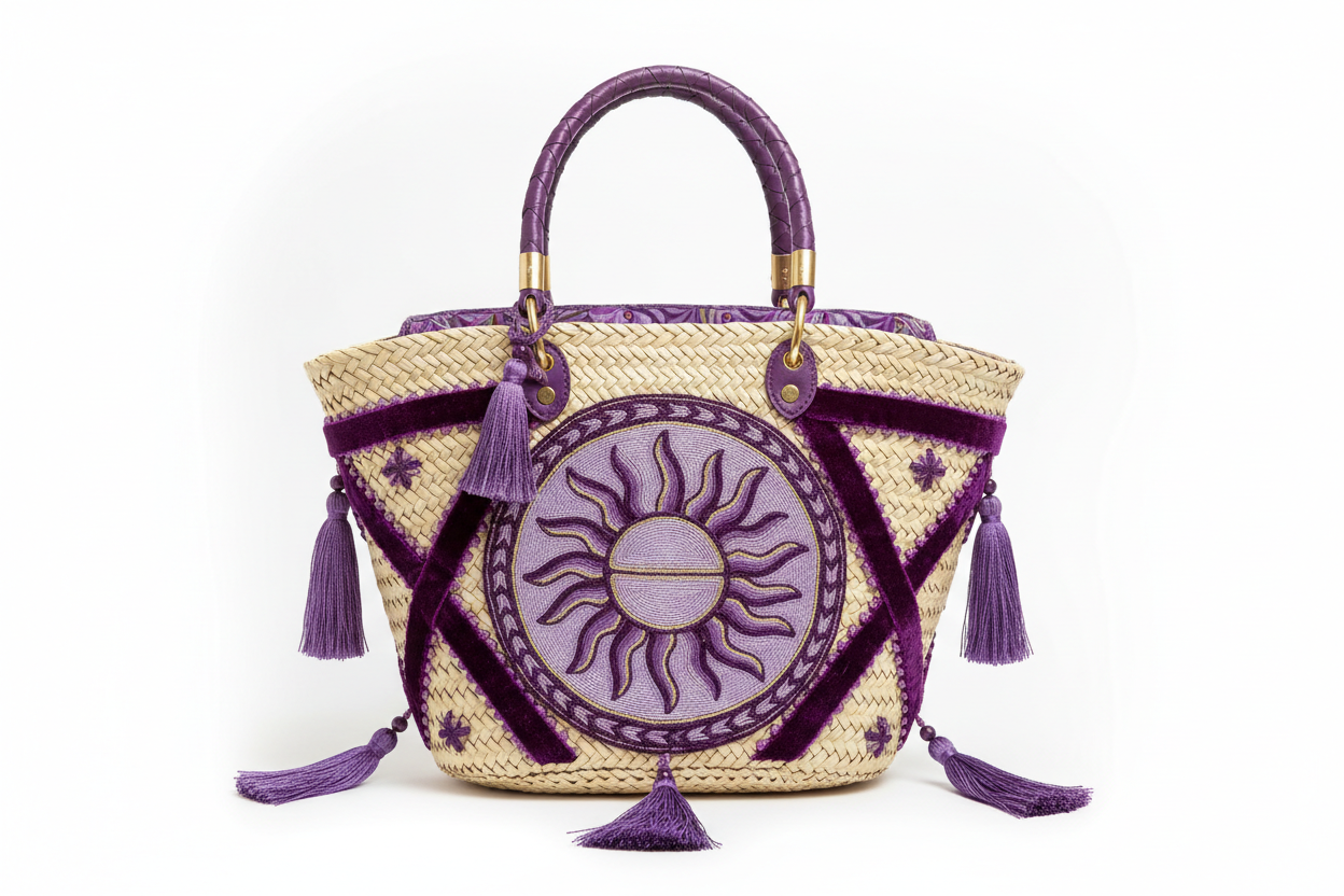 Purple bohemian beach straw tote bag for women by Adistore, featuring a stylish design and spacious interior for summer essentials.