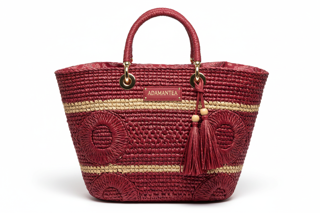 Rose red bohemian beach straw tote bag for women by Adistore, featuring a stylish luxury designer handbag design.