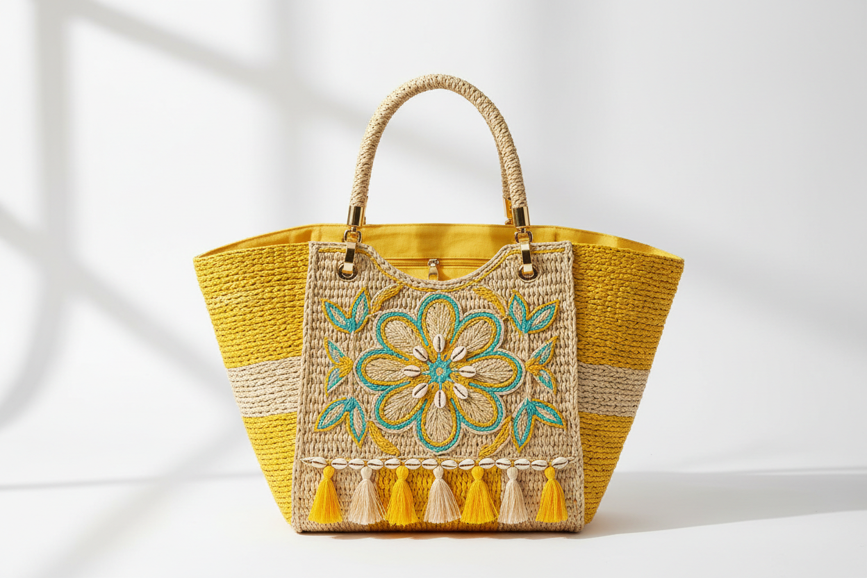 Yellow bohemian beach straw tote bag for women, luxury designer handbag by Adistore with woven straw details and spacious interior.