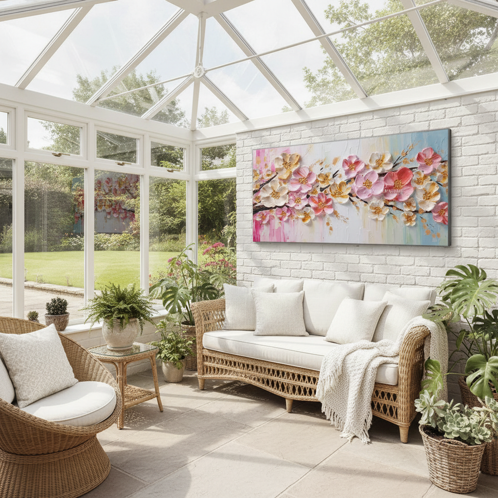 Abstract Golden & White Flower Canvas Wall Art for Living Room