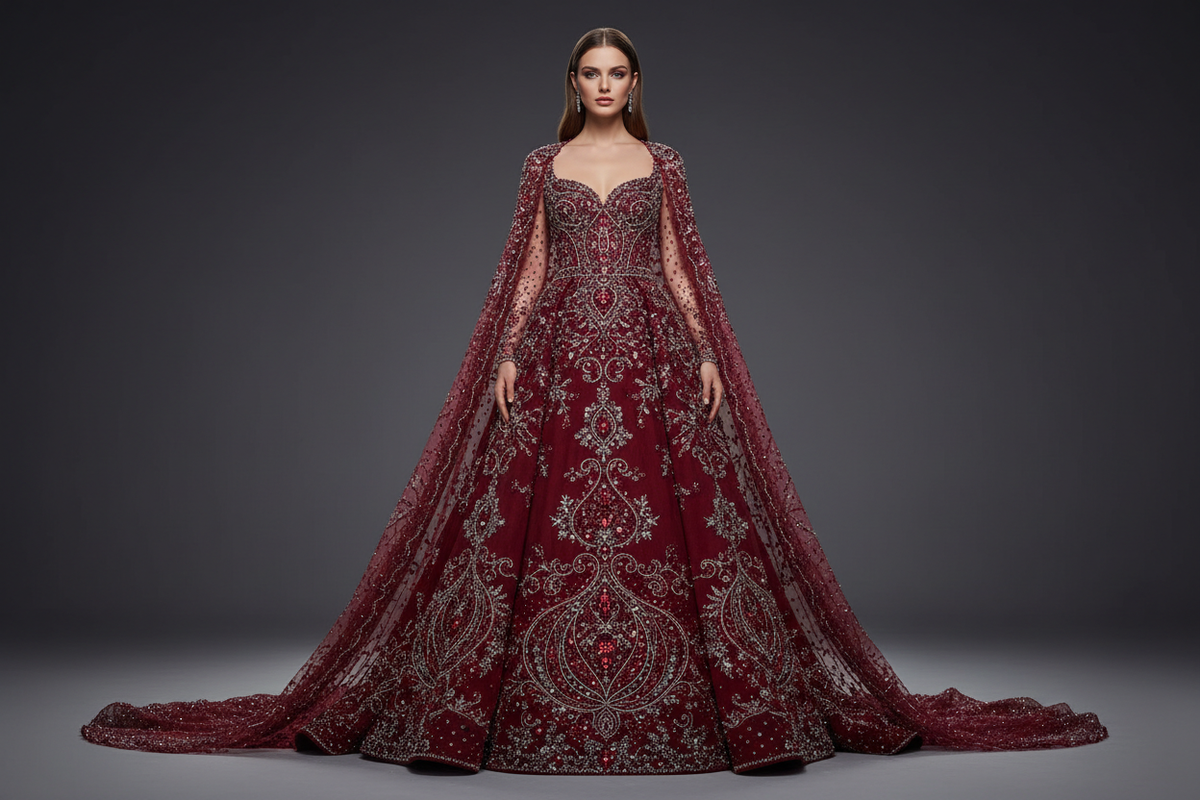 Burgundy sparkly prom dress with luxurious embroidery and suede fabric, designed by Adistore for elegant occasions.