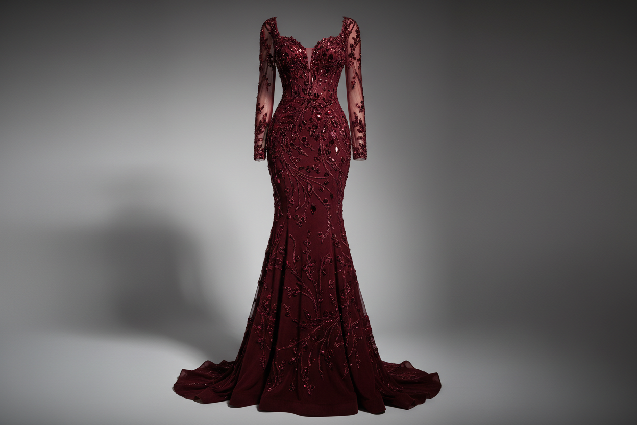 Burgundy sparkly prom dress by Adistore featuring luxurious embroidered suede fabric and crystal embellishments.