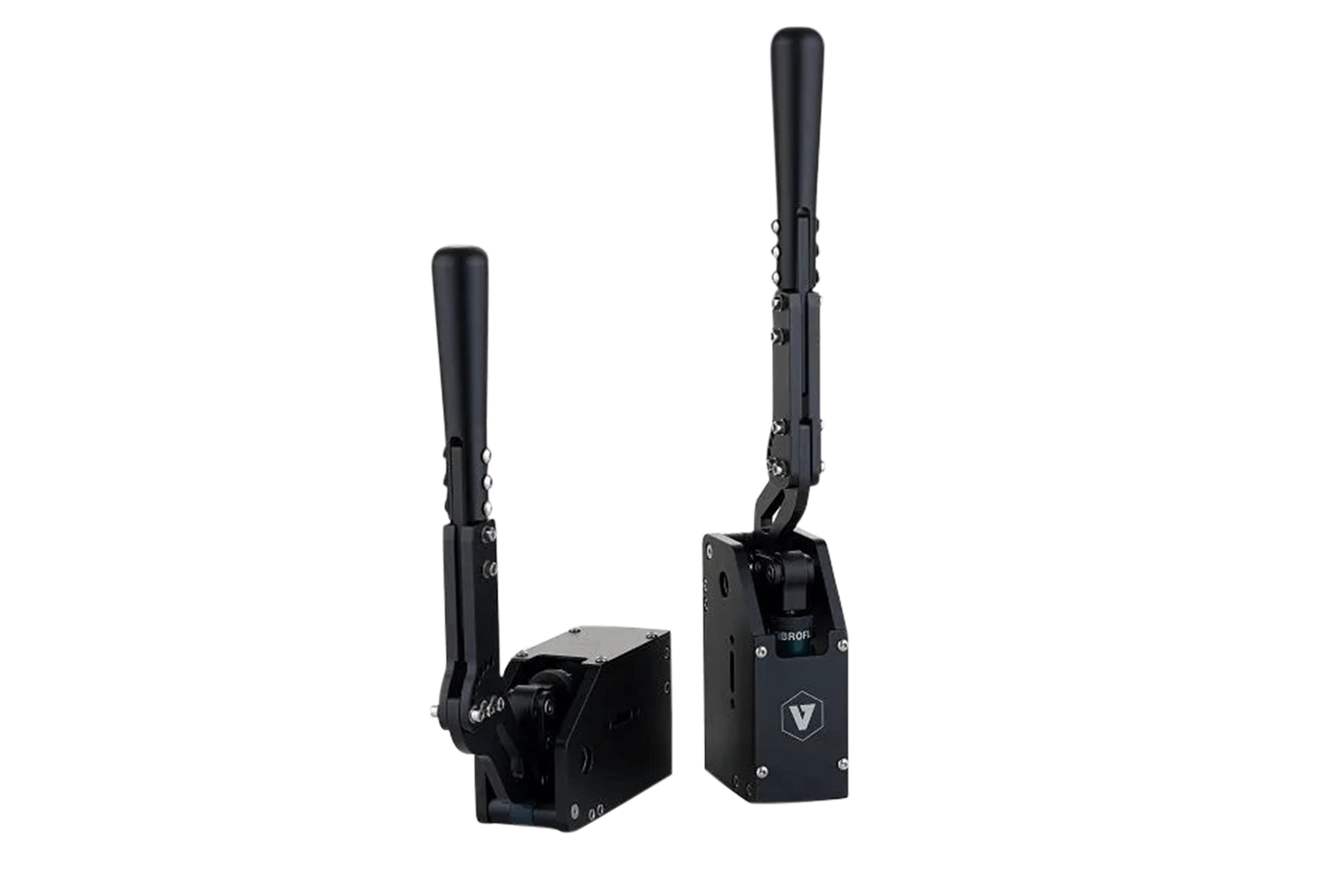 Trak Racer UK VNM Rally and Drift Handbrake V1.5, a black shifter and handbrake for racing simulations, mounted on a racing rig.