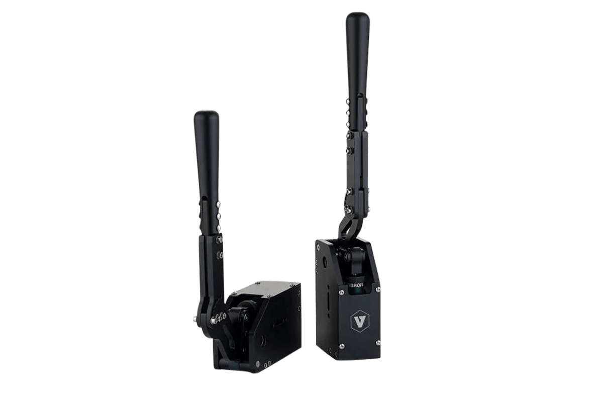 Trak Racer UK VNM Rally and Drift Handbrake V1.5, a black shifter and handbrake for racing simulations, mounted on a racing rig.
