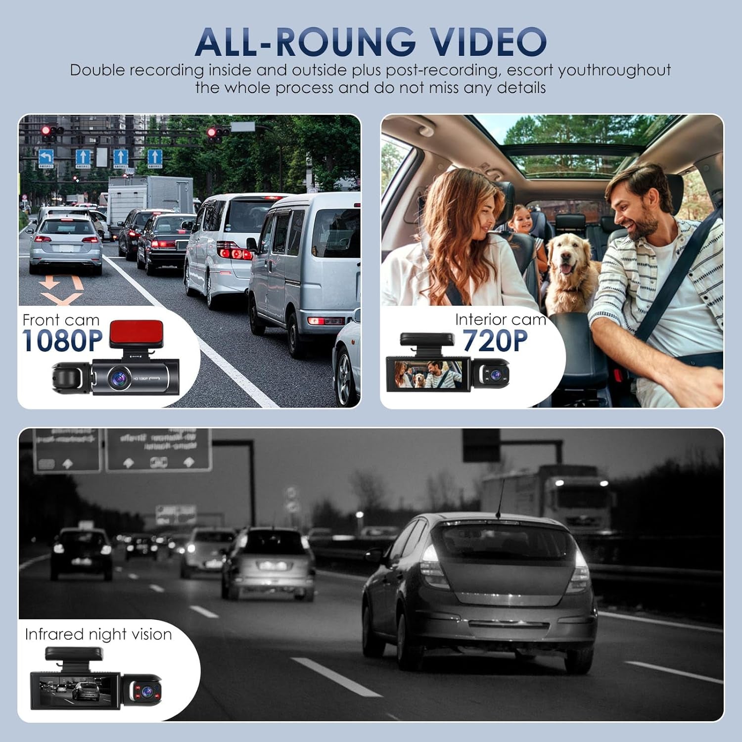 Eliteridegear dash cam with front and inside view, 1080P HD, wide-angle lens, night vision, parking monitor, and 32GB card included