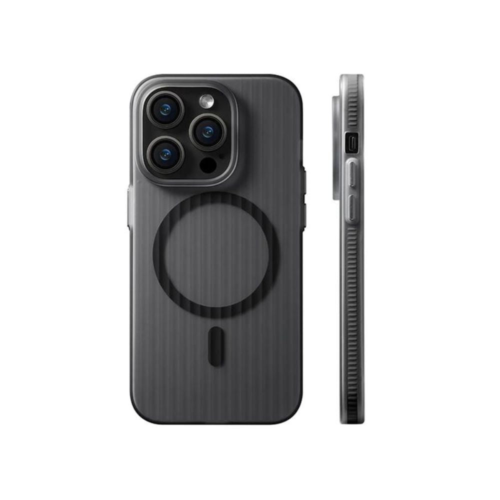 Black iPhone 15 Series ultra-thin corrugated case with MagSafe from Phone Base, showing textured ridges and secure magnetic alignment.