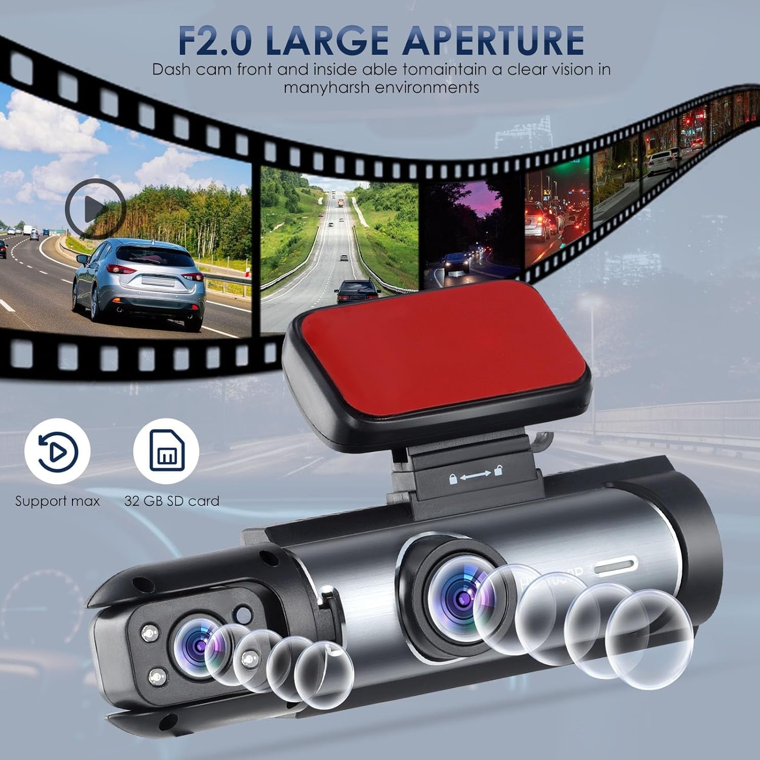 Eliteridegear WiFi dash cam showing front and inside view, 1080P HD footage, wide angle lens, night vision, and parking monitor.