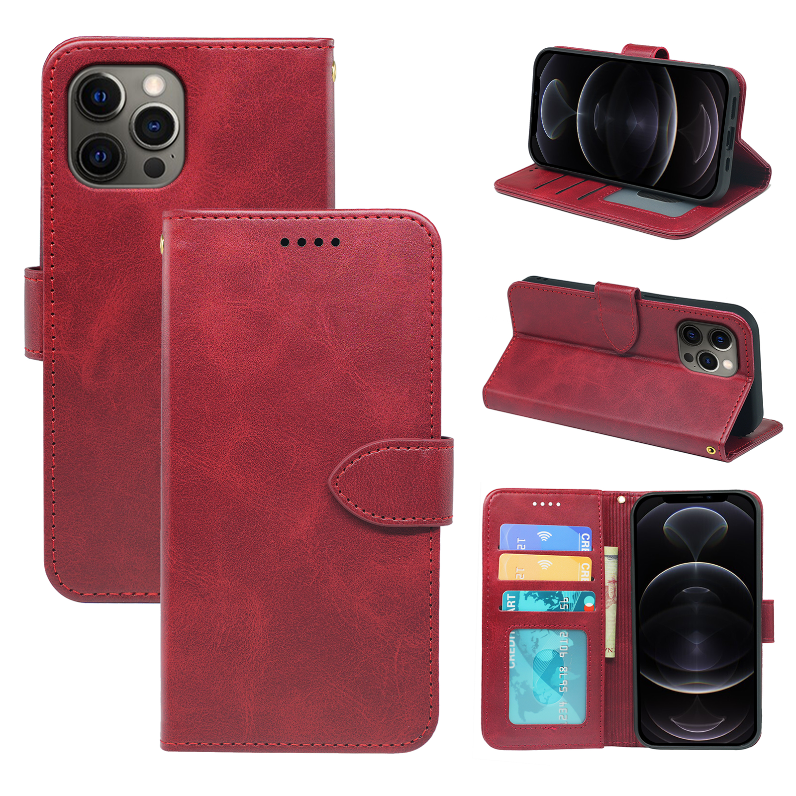Leather wallet book case for iPhone 14 series by Phone Base, showcasing a slim, protective flip cover with card slots.