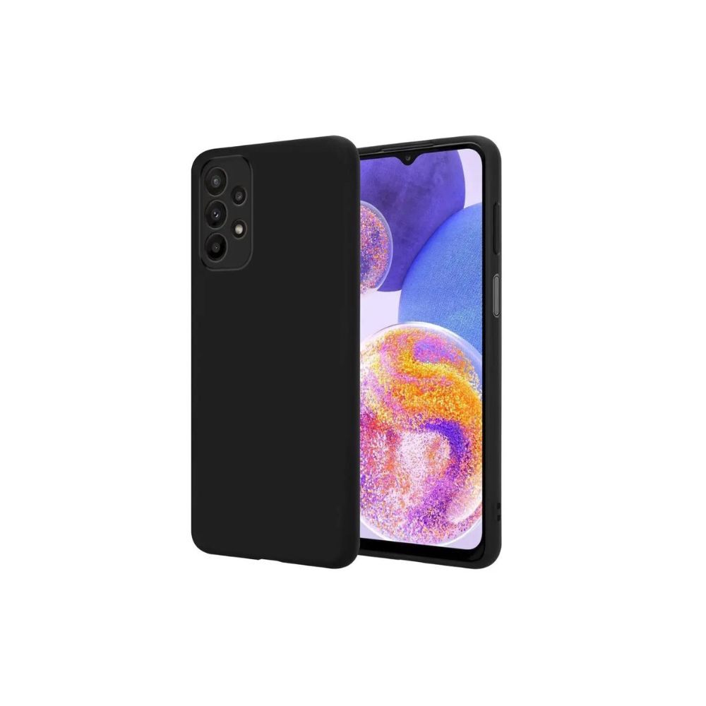 Black Samsung Galaxy A Series Silicone Gel Case by Phone Base, showing a close-up of the flexible gel cover fitted on the phone.