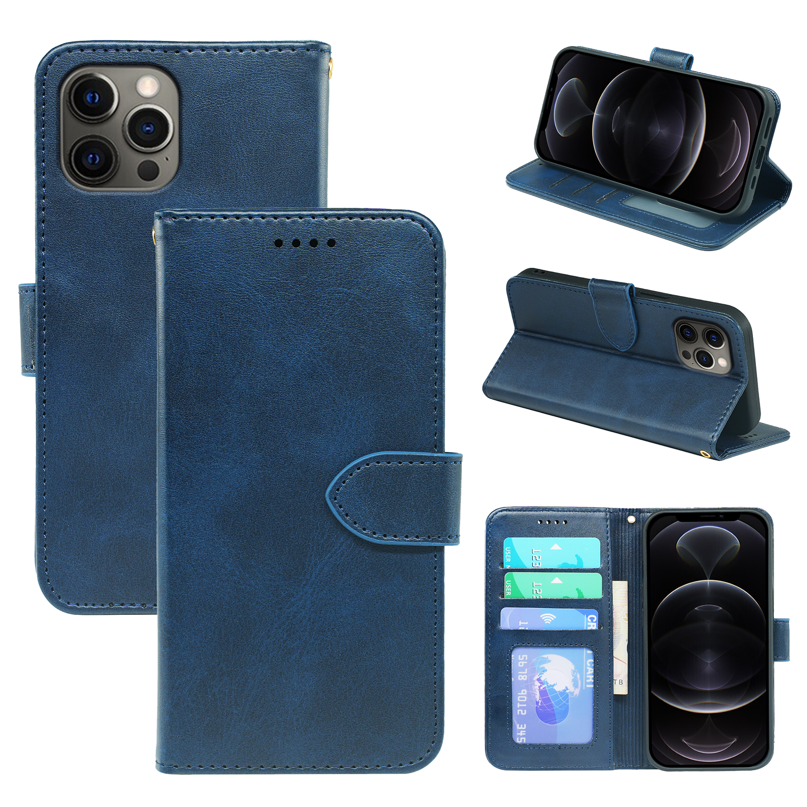 Leather wallet flip case for iPhone 13 series by Phone Base, featuring card slots and a protective book-style design.