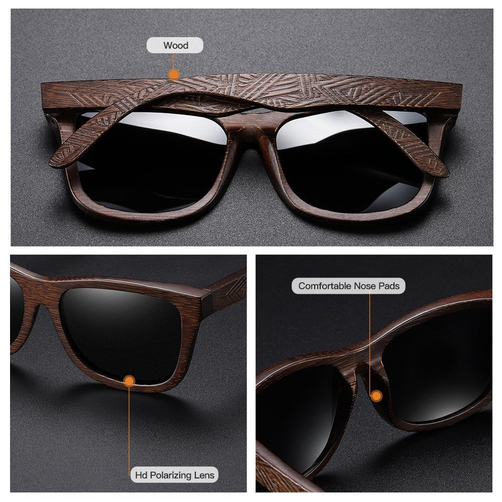 GM Handmade Bamboo Polarised Sunglasses by Adistore with natural wood frames and tinted lenses, stylish and eco-friendly eyewear