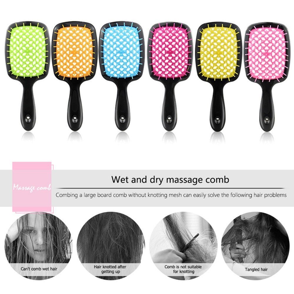 Adistore detangling hair brush with hollow massage comb for wet and curly hair, showing its flexible bristles and ergonomic design.