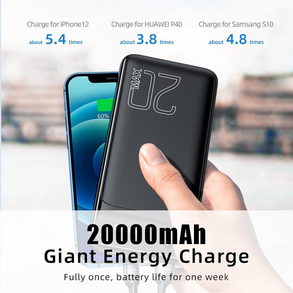 Adistore Essager 20000mAh black power bank with PD and QC 3.0 fast charging ports, compact and portable for mobile devices.
