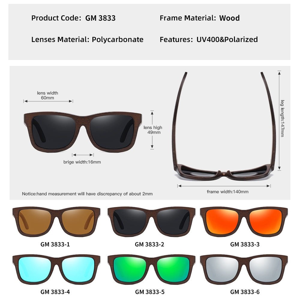 GM Handmade Bamboo Polarised Sunglasses by Adistore with natural wood frames and tinted lenses for stylish eye protection