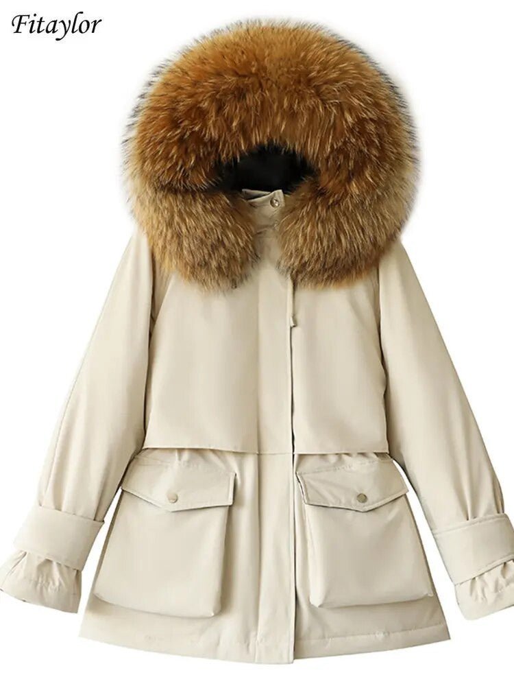 Women's winter jacket with large natural fox fur hood, stylish ladies jacket by Adistore, featuring warm, plush fur trim.
