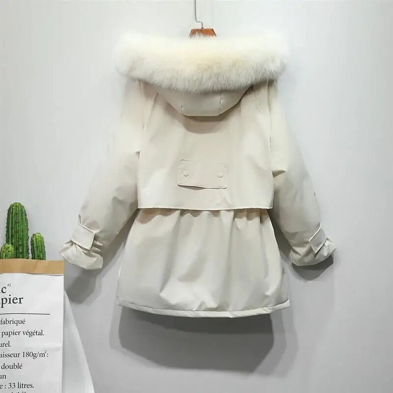 women's winter jacket with fox fur hood in elegant white design with large natural fox fur collar.