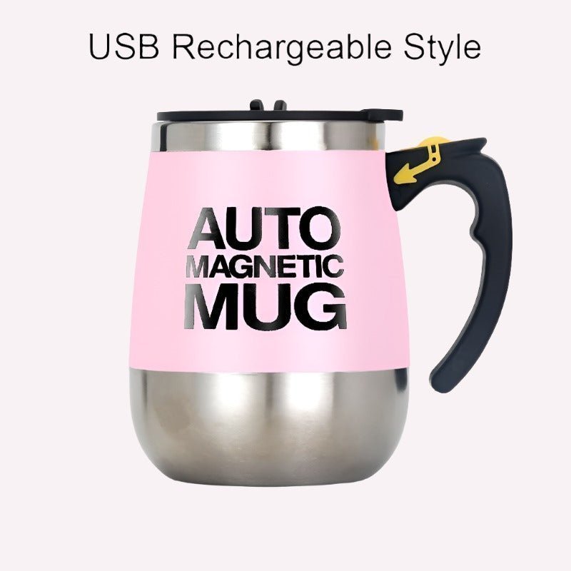 Adistore automatic self-stirring mug with stainless steel body and magnetic mixing mechanism for coffee or hot beverages.