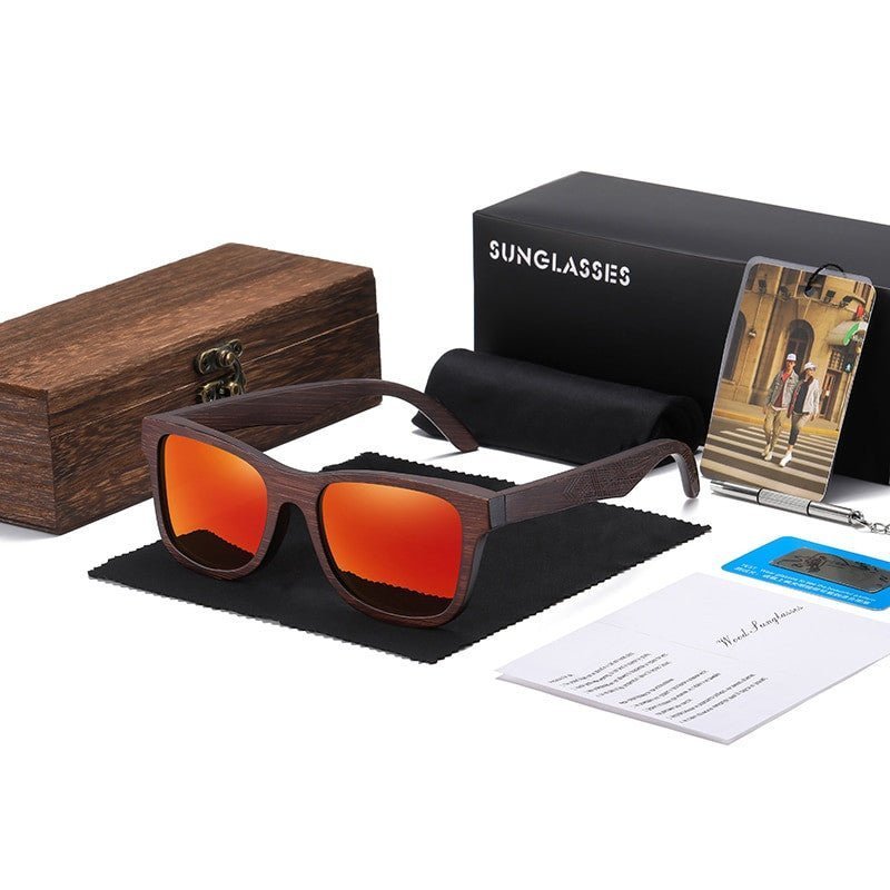 GM Handmade Bamboo Polarised Sunglasses by Adistore with natural wood shades and black polarized lenses, showcasing eco-friendly style.