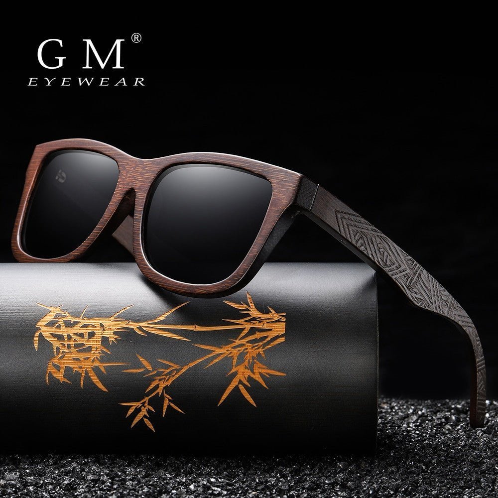 GM Handmade Bamboo Polarised Sunglasses by Adistore with natural wood shades and black frames, showcasing stylish, eco-friendly eyewear.