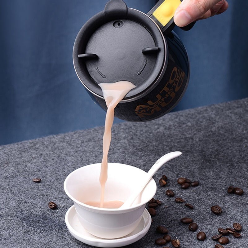 Adistore automatic self-stirring coffee mug with stainless steel body, magnetic mixer, and sleek design for easy stirring.