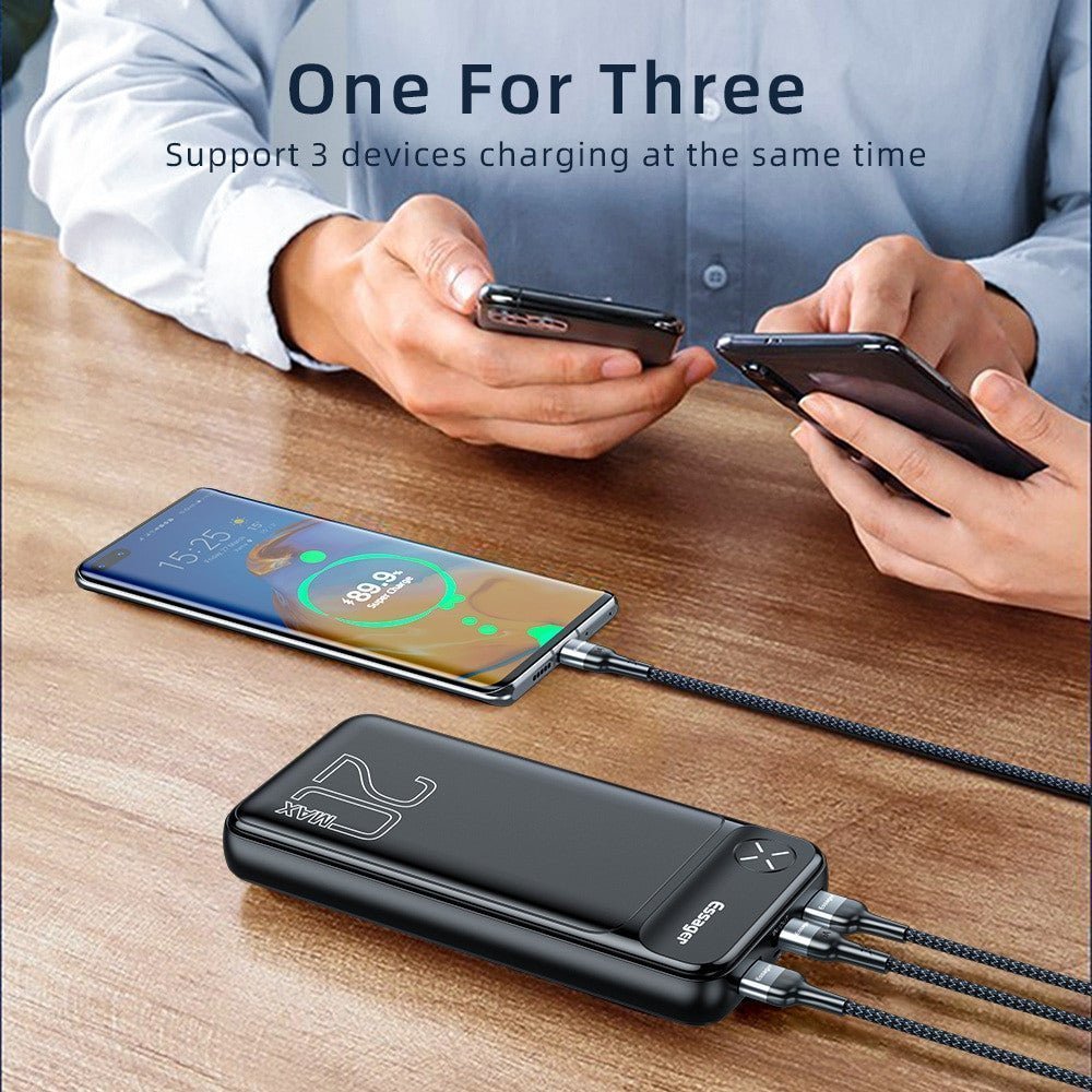 Adistore Essager 20000mAh power bank in black with PD and QC 3.0 fast charging ports and digital display screen.