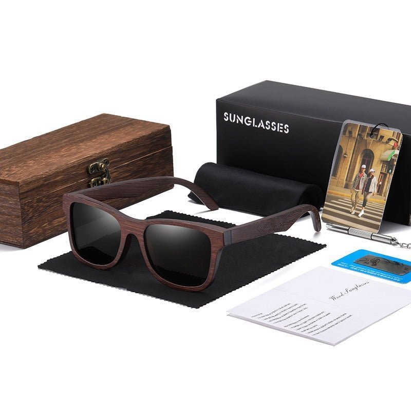 GM Handmade Bamboo Polarised Sunglasses by Adistore featuring natural wood frames and polarized lenses on a white background.