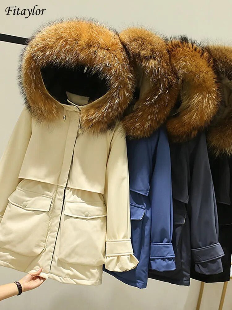 women's winter jacket with fox fur hood in various colors displaying large natural fox fur hood