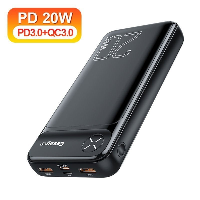 Black Essager 20,000mAh power bank by Adistore with fast charging PD and QC 3.0 ports, compact and portable design.