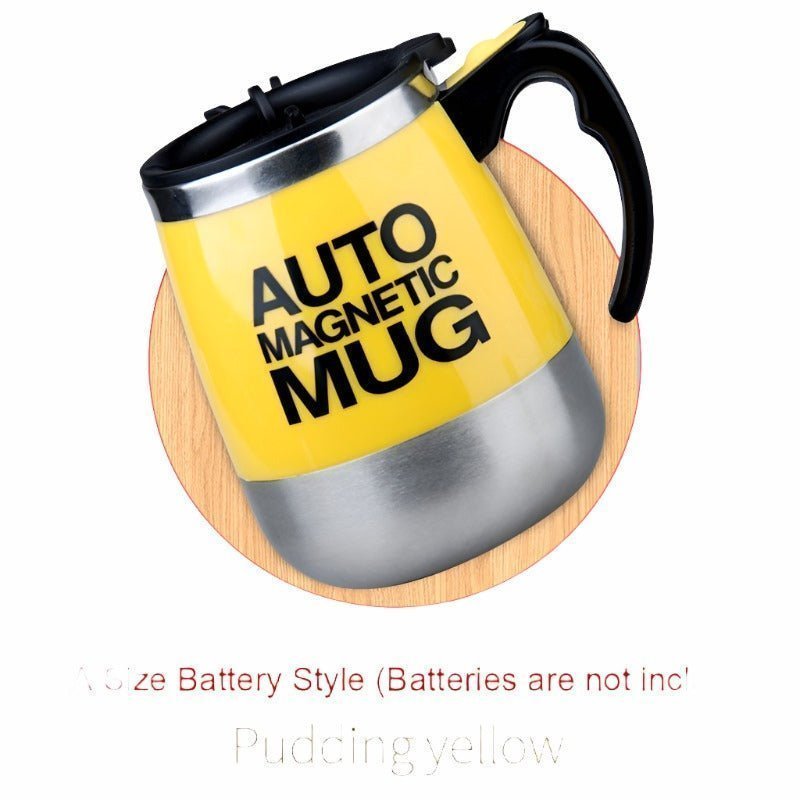 Automatic self-stirring mug by Adistore, stainless steel coffee cup with magnetic mixing mechanism, sleek and modern design.