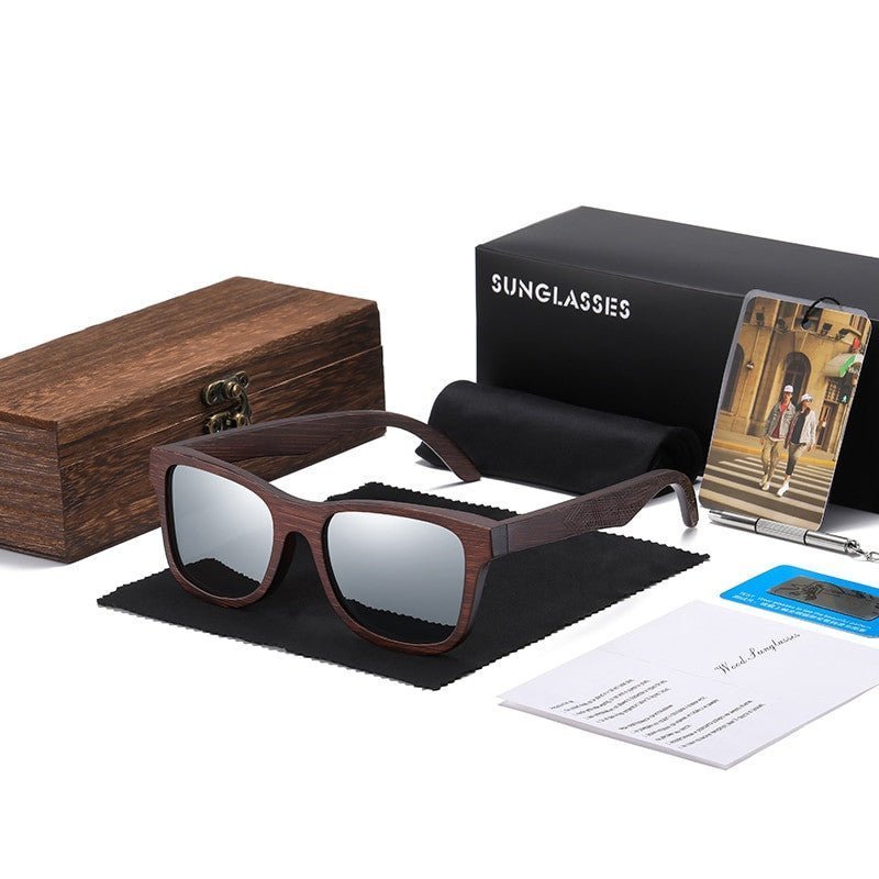 GM Handmade Bamboo Polarised Sunglasses by Adistore with natural wood shades and tinted lenses, stylish eco-friendly eyewear.