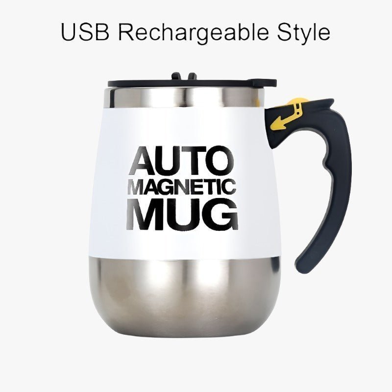 Automatic self-stirring coffee mug by Adistore with stainless steel body and magnetic mixing mechanism, ready to stir your beverage.