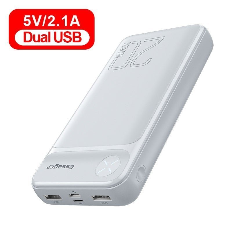 Adistore Essager 20000mAh power bank in black with fast charge PD QC 3.0 ports, compact portable power bank for smartphones and devices.