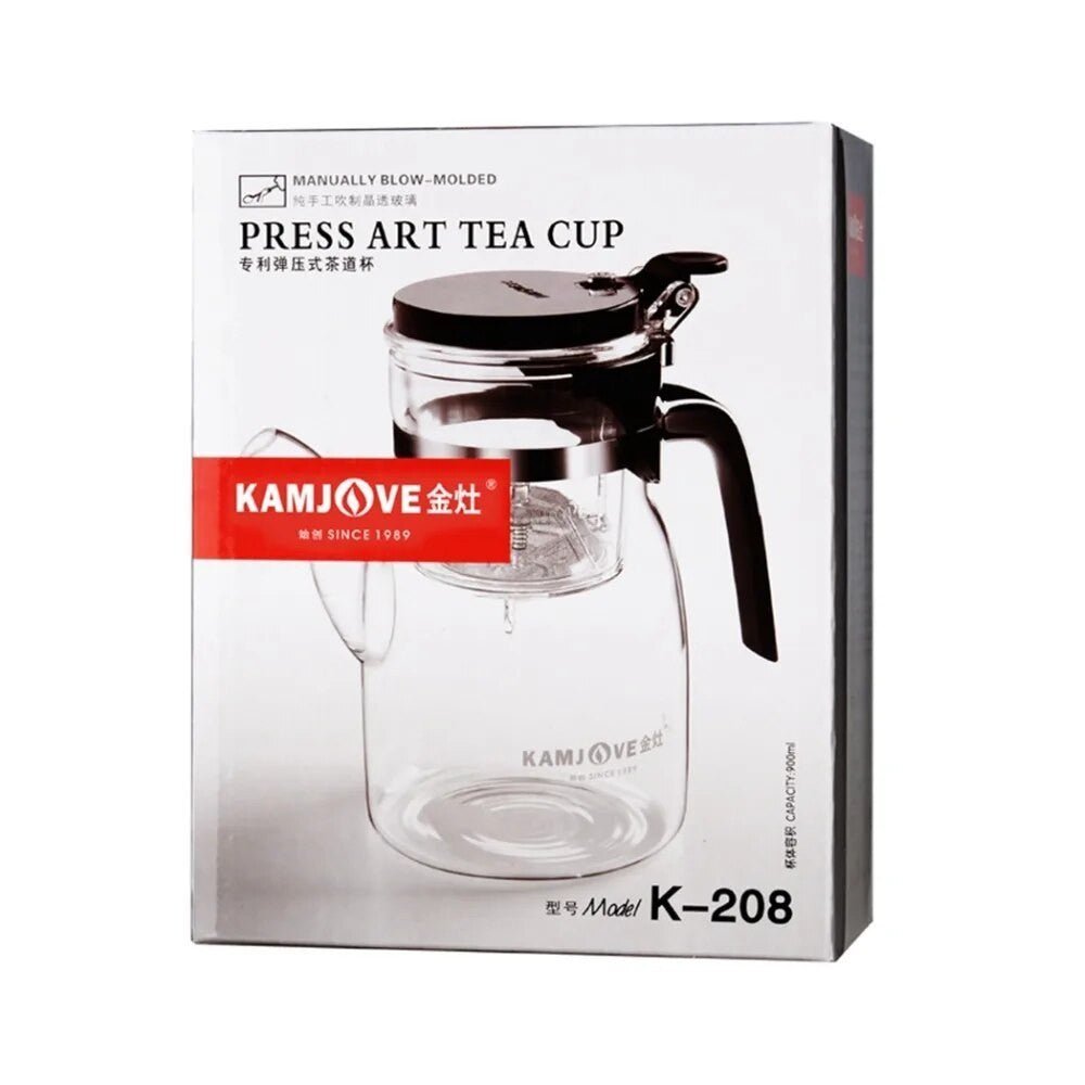 Clear 900ml glass tea cup with infuser, elegant teapot by Adistore, showcasing a sleek design and integrated tea infuser.
