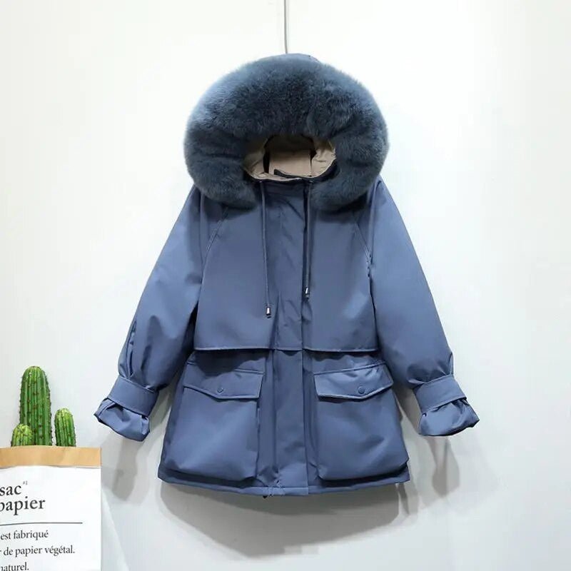 Women's winter jacket with large natural fox fur hood, stylish ladies jacket by Adistore featuring a cozy fur-lined collar.
