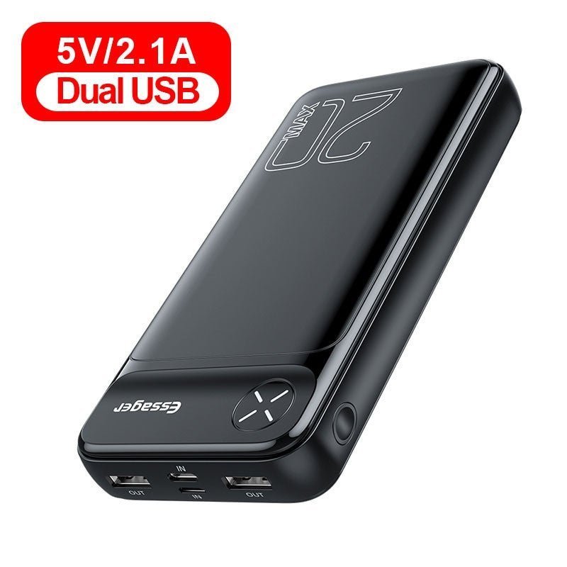 Adistore Essager 20000mAh power bank with fast charging, black color, featuring USB ports and digital display for battery status